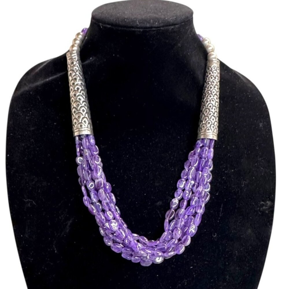 VTG Amethyst Multi Strand Silver Filigree Statement Necklace Intricate Metalwork